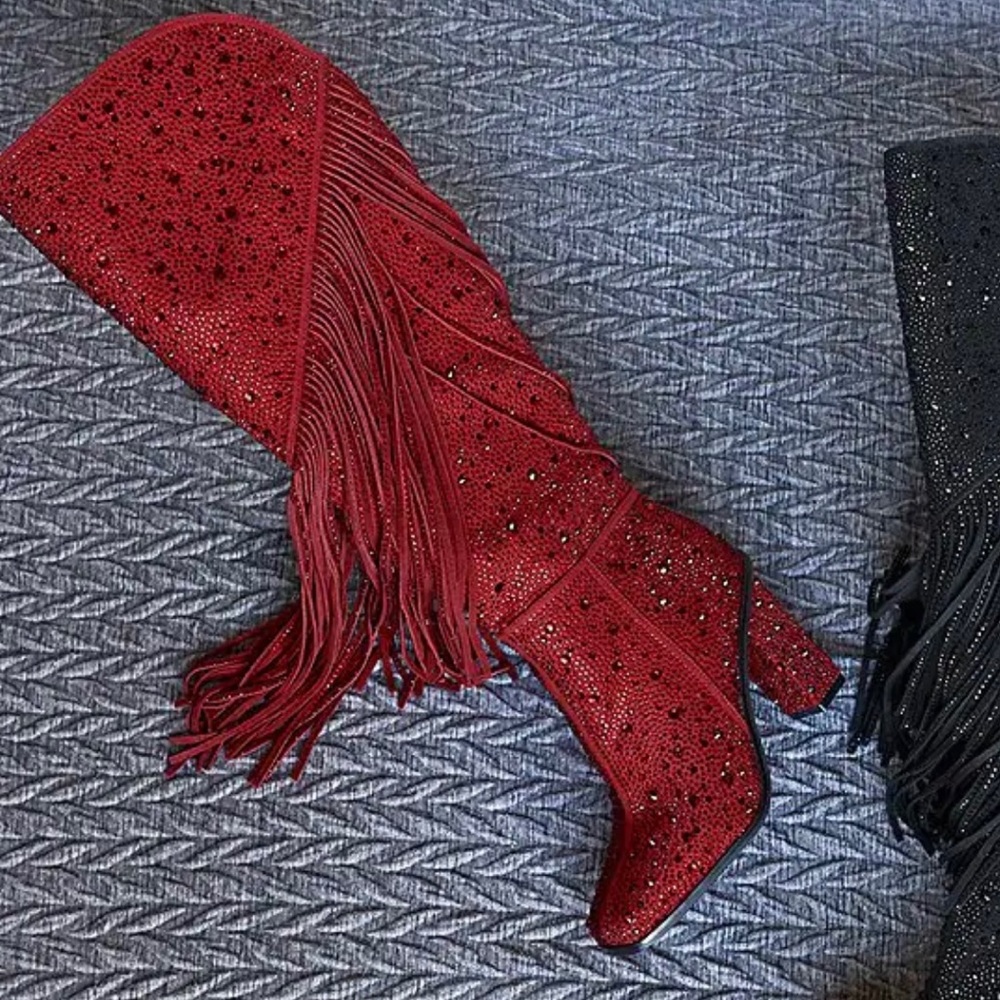 JESSICA SIMPSON Red Western Fringe Rhinestone Knee Boots size 8.5 wide calf - Picture 8 of 9